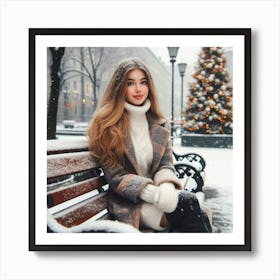 Beautiful Girl Sitting On A Bench In Winter Art Print