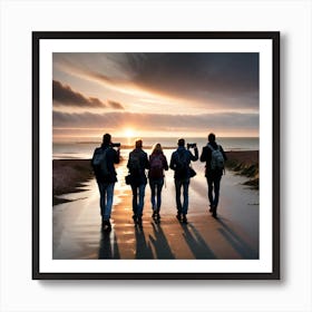 Group Of People Walking On The Beach At Sunset Art Print