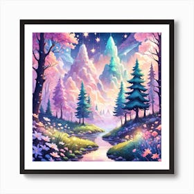 A Fantasy Forest With Twinkling Stars In Pastel Tone Square Composition 87 Art Print