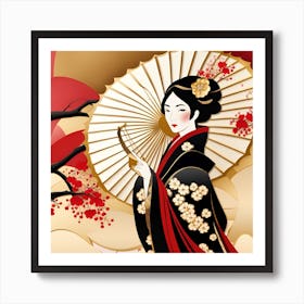 Geisha Woman With Umbrella Japanese textured monochromatic Art Print