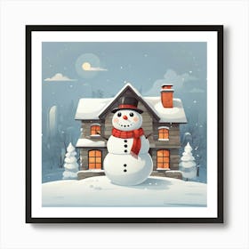 Snowman In Front Of House 1 Art Print