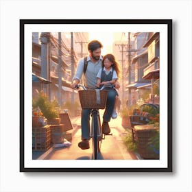 Little girl with father bicycle riding Art Print
