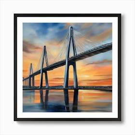 Sunset over the Arthur Ravenel Jr. Bridge in Charleston. Blue water and sunset reflections on the water. Oil colors.9 Art Print