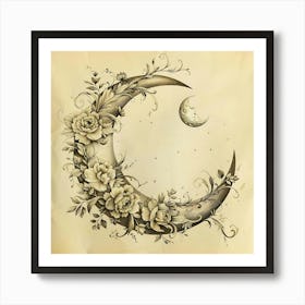 Crescent Moon Adorned With Delicate Floral Details Rendered In Sepia Tones On Textured Parchment Art Print