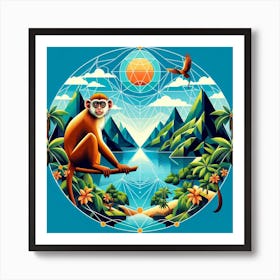 Geometric Art Tropical lake and monkey 1 Art Print