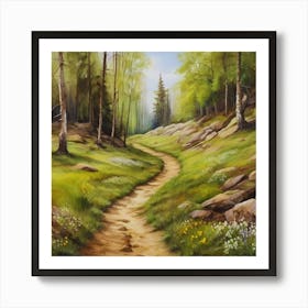 Path In The Woods.A dirt footpath in the forest. Spring season. Wild grasses on both ends of the path. Scattered rocks. Oil colors.24 Art Print