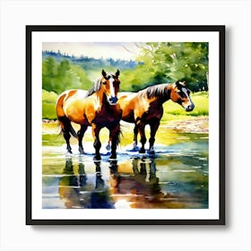 Horses In Water Art Print