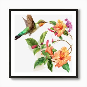 Hummingbird And Flowers Art Print