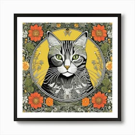 morris Cat With Flowers 1 Art Print