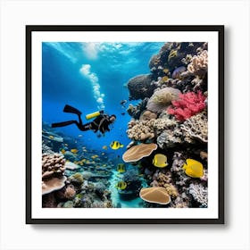 Underwater photography of a coral reef, with diverse marine life and a scuba diver for scale Art Print