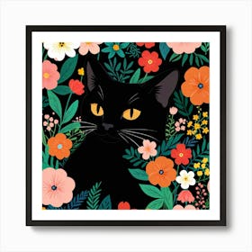 Black Cat With Flowers 6 Art Print