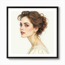 Portrait Of A Beautiful French Woman In Watercolor, Delicate And Ethereal Details 1 Art Print