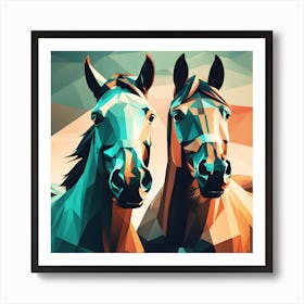 Two Horses In Teal And Orange Polyart Art Print