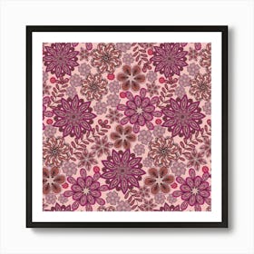 PASSEMENTERIE Lacy Bohemian Embroidery Floral in Viva Magenta Fuchsia Pink Rust Red Mauve Art Print