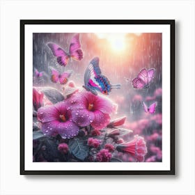 Pink Flowers In The Rain 4 Art Print