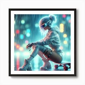 Cyberpunk Girl In Rain Art Print