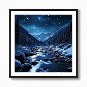 Midnight Scene Unveiling Snow Covered Mountain Forests Under A Pitch Black Sky Interspersed With La Art Print