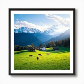 Alpine Pastoral Landscape Cows Grazing On Lush Green Slopes Snow Capped Mountains In The Distance (3) Art Print