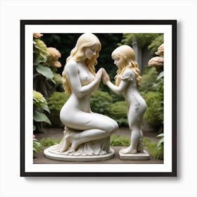 85 Garden Statuette Of A Small Kneeling Blonde Woman With Clasped Hands Praying At The Feet Of A Statu Art Print