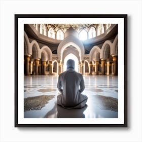 A 3d Dslr Photography Muslim Wearing Futuristic Digital Suit , Praying Towards Masjid Al Haram, House Of God Award Winning Photography From The Year 8045 Art Print