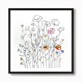 Hand Drawn Wildflowers Line Art 10 Art Print