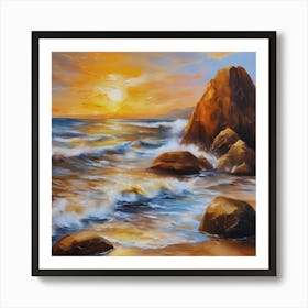 The sea. Beach waves. Beach sand and rocks. Sunset over the sea. Oil on canvas artwork.38 Poster