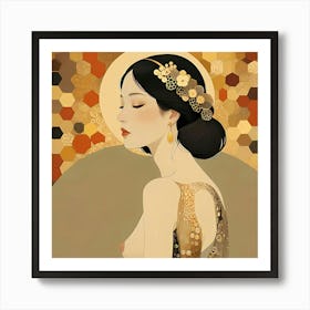 Golden Honeycomb Halo
Bathed in the warm glow of a honey-hued halo, a woman emerges, her form echoing the intricate geometry of a honeycomb. Her closed eyes suggest a state of serene contemplation, a moment suspended between dream and reality. The golden adornments, reminiscent of honeycomb cells and blossoms, intertwine with her dark hair, creating a visual tapestry of nature's artistry and human grace. The artist masterfully blends organic and geometric forms, creating a visual paradox that speaks to the interconnectedness of the natural world and the human spirit. The muted palette of golds, browns, and creams enhances the sense of quietude and timeless beauty, inviting the viewer to lose themselves in the intricate details and the enigmatic aura of the subject. The piece transcends mere representation, becoming a meditation on beauty, tranquility, and the subtle power of nature's patterns. It whispers of ancient myths and hidden harmonies, leaving the viewer with a lingering sense of wonder and a desire to unravel its secrets. The artwork can be interpreted in several ways. The honeycomb motif symbolizes community, order, and the intricate workings of nature. The woman's serene expression suggests a connection to a higher power or a deep inner peace. The golden halo could represent enlightenment, divinity, or the radiant energy of the natural world. The overall effect is one of harmonious balance, where the human form is seamlessly integrated into the natural world, suggesting a profound connection between humanity and the cosmos. The artist's use of color and texture creates a sensory experience, inviting the viewer to engage with the artwork on multiple levels. Art Print
