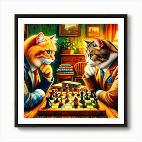 Checkmate Whiskers: A Feline Game of Strategy Art Print