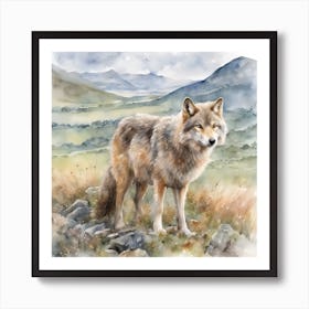 Wolf in Scottish Mountains Waits Amongst the Wild Grass Art Print