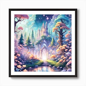 A Fantasy Forest With Twinkling Stars In Pastel Tone Square Composition 41 Art Print