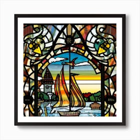 Image of medieval stained glass windows of a sunset at sea 9 Art Print