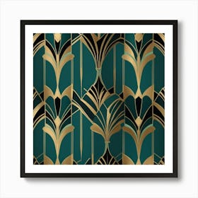 A stylish Art Deco pattern featuring bold geometric shapes, metallic accents, and a luxurious color scheme of gold, black, and deep teal. The design is elegant, symmetrical, and eye-catching 1 Art Print