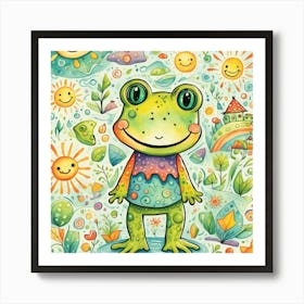 whimsical childlike drawing Of A Frog filled with playful doodles, shapes, and patterns Art Print