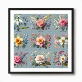 Birth flowers family bouquet 7 Art Print