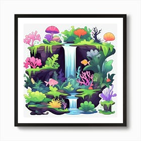 A Vibrant Coral Reef Teeming With Colorful Fish And Sea Creatures A Majestic Waterfall Cascading Do 542836891 (6) Art Print