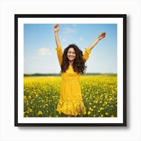 A Cheerful Young Woman Her Hair Reflecting The Suns Summer Light Basks In Natures Beauty While L (1) Art Print