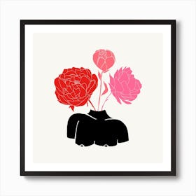 Vase Sculpture Woman Flower Head Peonies  Square Art Print