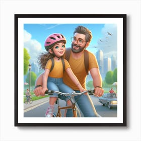 Father And Daughter Riding Bikes 2 Art Print