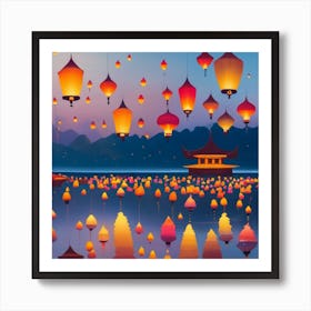 a bunch of lanterns flying over a body of water. The lanterns are all different colors and sizes, and they are all lit up from within. The water is calm and still, and it reflects the light of the lanterns. The image is very beautiful and serene. It evokes a sense of peace and tranquility. The lanterns flying over the water also suggest a sense of freedom and possibility. Here are some additional observations I can make about the image: The lanterns are all different colors and sizes, which suggests diversity and inclusivity.
The lanterns are all lit up from within, which suggests hope and optimism.
The water is calm and still, which suggests peace and tranquility.
The reflection of the lanterns in the water creates a sense of depth and mystery.
The image has a very positive and uplifting mood. It is a reminder that even in the darkest of times, there is always hope and possibility. Overall, I think the image is a very beautiful and inspiring work of art. It is an image that I would be happy to hang in my home. Here are some possible interpretations of the image: The lanterns flying over the water could represent wishes or dreams coming true.
The lanterns could also represent the release of negative emotions or experiences.
The image could also be a metaphor for the journey of life. The lanterns represent the individual, and the water represents the world. The journey is both beautiful and challenging, but it is ultimately up to the individual to light their own path. 1 Art Print