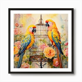 Parrots And Roses Art Print