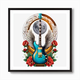 Electric Guitar With Roses And Moon Art Print