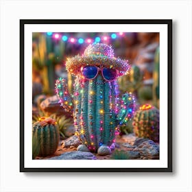 Cactus With Christmas Lights Art Print