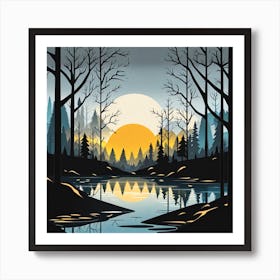 Sunset In The Forest 1, Forest, sunset,   Forest bathed in the warm glow of the setting sun, forest sunset illustration, forest at sunset, sunset forest vector art, sunset, forest painting,dark forest, landscape painting, nature vector art, Forest Sunset art, trees, pines, spruces, and firs, black, blue and yellow, lake in sunset, lake in forest  Art Print