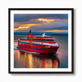 Red Ferry At Sunset 2 Art Print