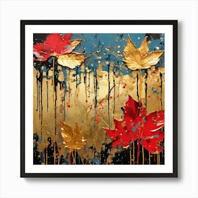 Acrylic Paint Drips And Metal Leaf , Autumn Leaves Art Print