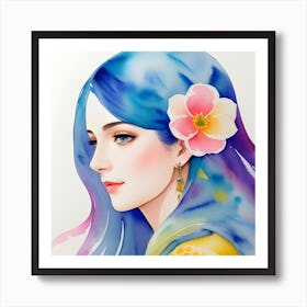 Watercolor Of A Girl With Blue Hair Art Print