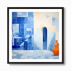 Abstract Contemporary Art Print - Orange Pot With Blue Arch Art Print