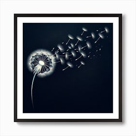 "Whispers of the Wind"  A single dandelion loses its seeds to the gentle caress of the wind, each seed a delicate dance of light and shadow against the dark canvas. This moment of fleeting beauty is captured with a remarkable attention to detail, highlighting the fragile yet resilient nature of life.  This artwork symbolizes hope and the delicate nature of new beginnings, making it a perfect statement piece that brings a touch of elegance and contemplation to any space. Own the essence of change and the beauty of letting go, embodied in this ethereal design. Art Print