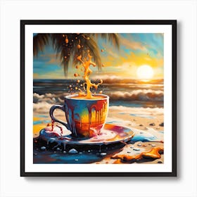 A Cup Of Coffee Lounging On A Sunlit Beach Art Print