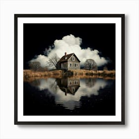 Firefly Black Background, Reflection, Old House, Cloud, Pond, Atmospheric, Serene, Mysterious, Moody (2) Art Print